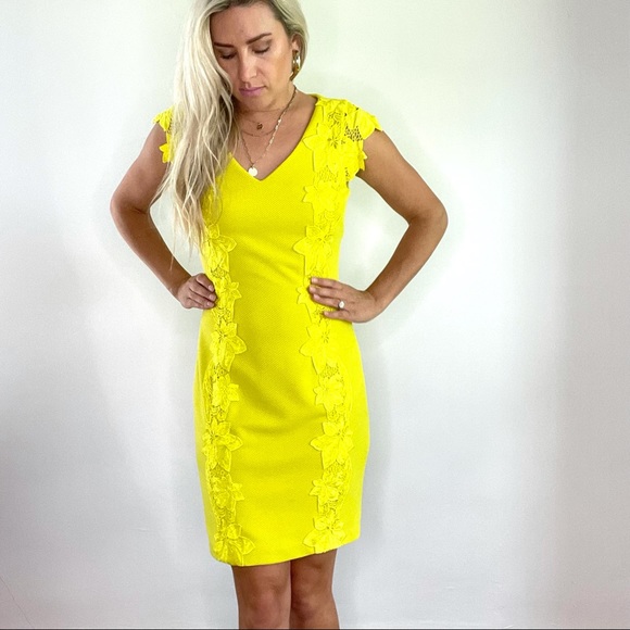 Badgley Mischka Chartreuse Yellow Lace Dress sz 4 - Picture 12 of 14